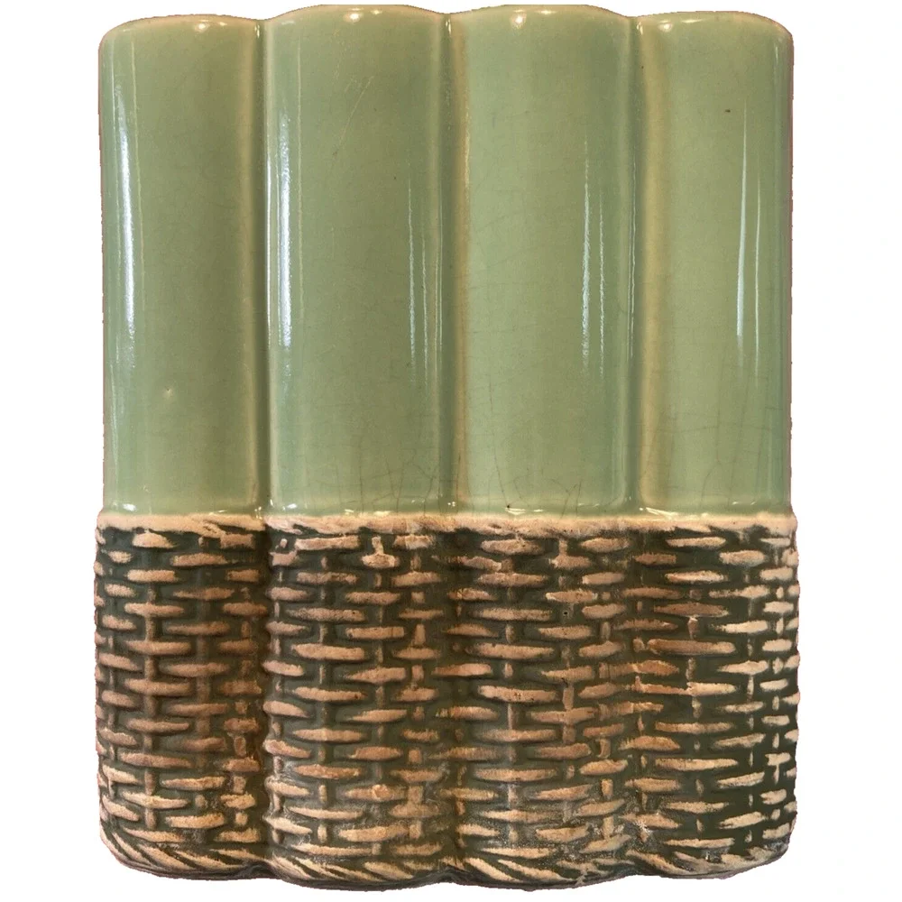 Vintage McCoy Vase Art Pottery Glazed Green Matte Tan Basket Weave Wicker Look